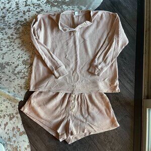 Old Navy Women’s Thermal Henley Pajama Set Medium Waffle Knit Top Shorts